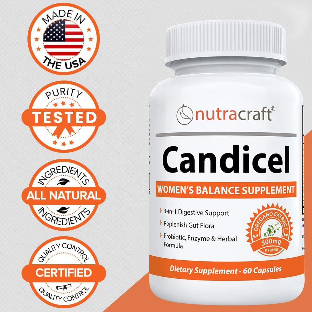 Candicel Intestinal Flora Supplement with Caprylic Acid, Oregano, Wormwood, Black Walnut & Probiotics - 60 Capsules