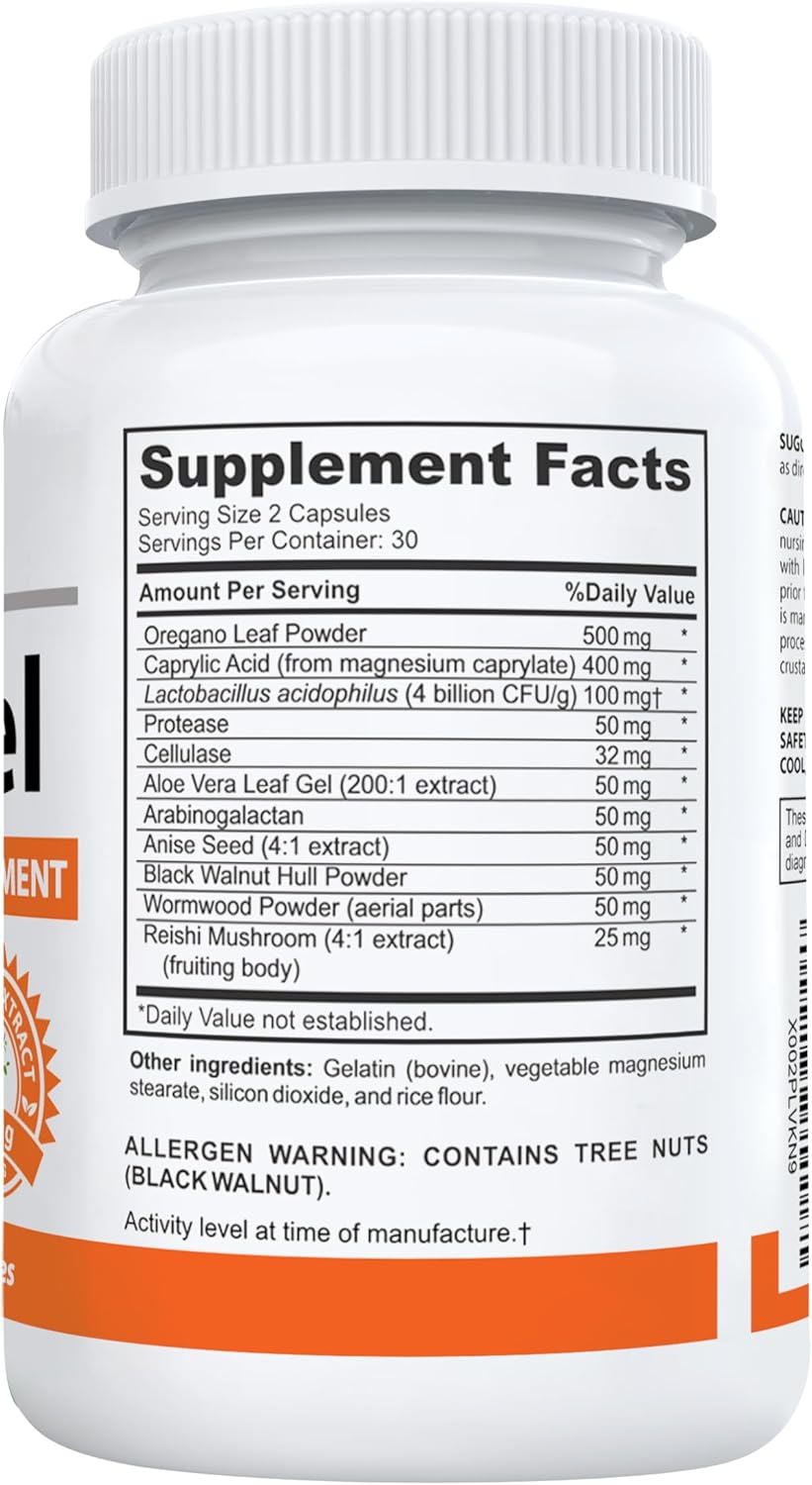 Candicel Intestinal Flora Supplement with Caprylic Acid, Oregano, Wormwood, Black Walnut & Probiotics - 60 Capsules