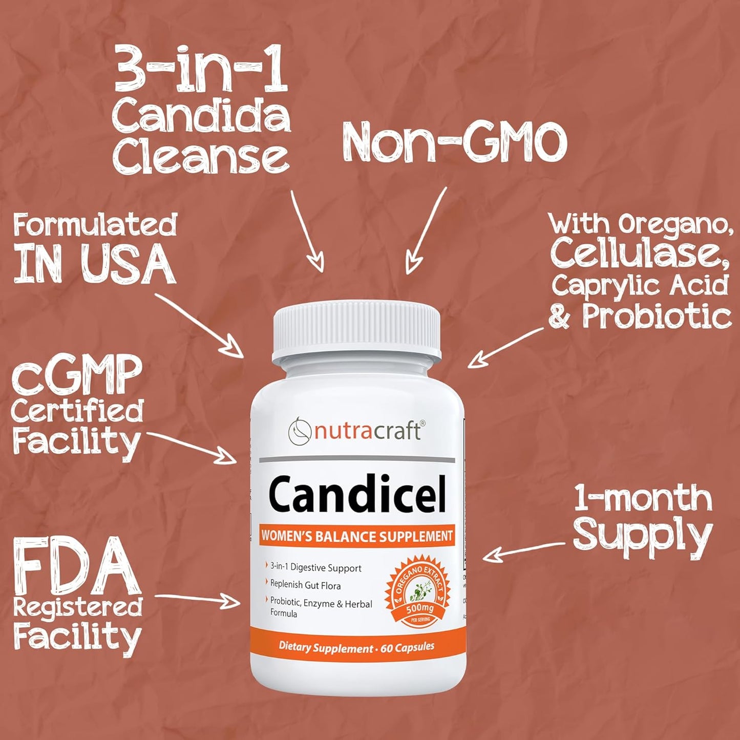 Candicel Intestinal Flora Supplement with Caprylic Acid, Oregano, Wormwood, Black Walnut & Probiotics - 60 Capsules