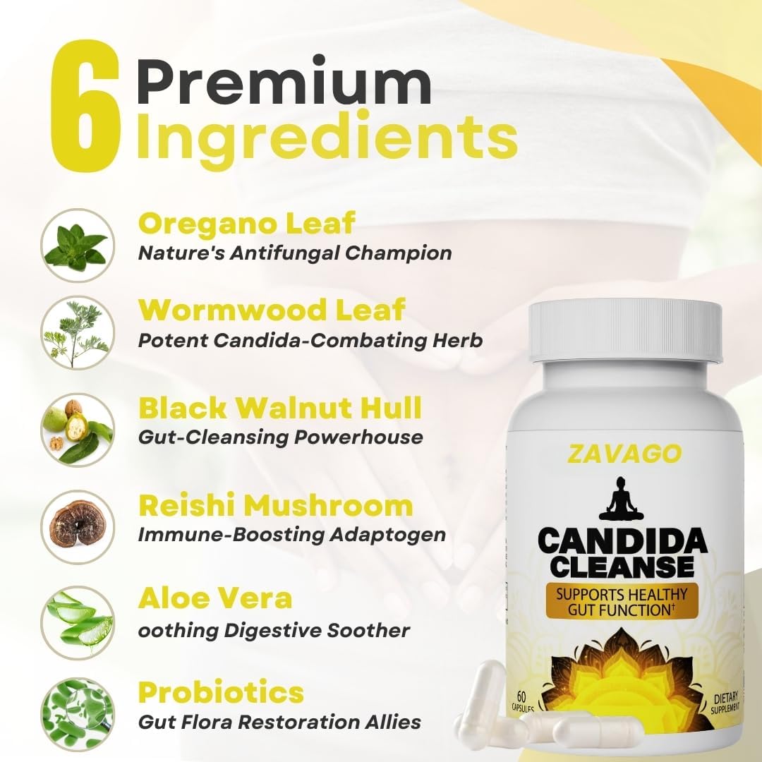 Candida Cleanse Supplement for Men & Women - Probiotics, Antifungals, Oregano Leaf, Caprylic Acid - Detox Colon Health Cleanser 60 Capsules