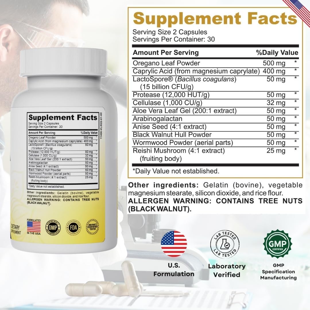 Candida Cleanse Supplement for Men & Women - Probiotics, Antifungals, Oregano Leaf, Caprylic Acid - Detox Colon Health Cleanser 60 Capsules