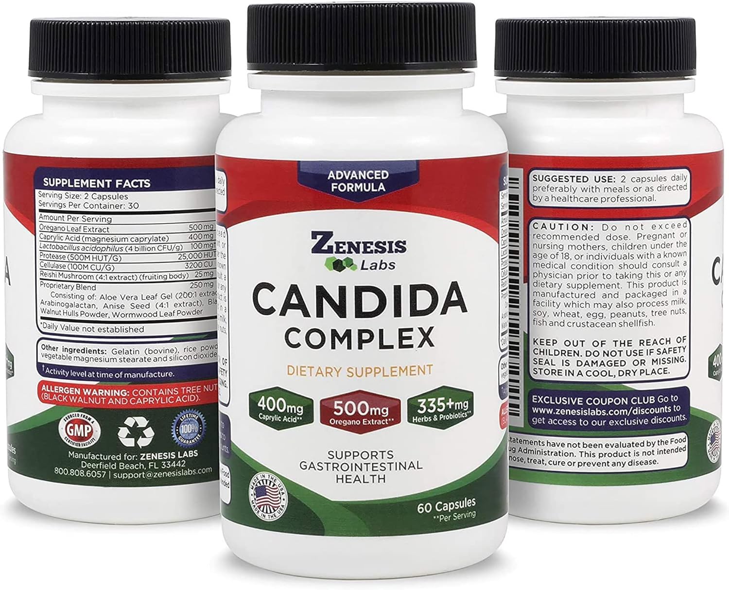 Candida Complex Cleanse Detox Supplement with Caprylic Acid, Oregano Extract, Probiotics, Enzymes - 180 Capsules, 90 Day Supply
