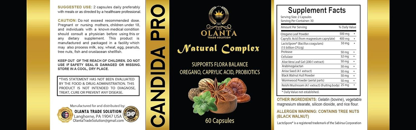 Candida Complex Supplement for Colon and Digestive Health - Natural Remedy - 60 Capsules