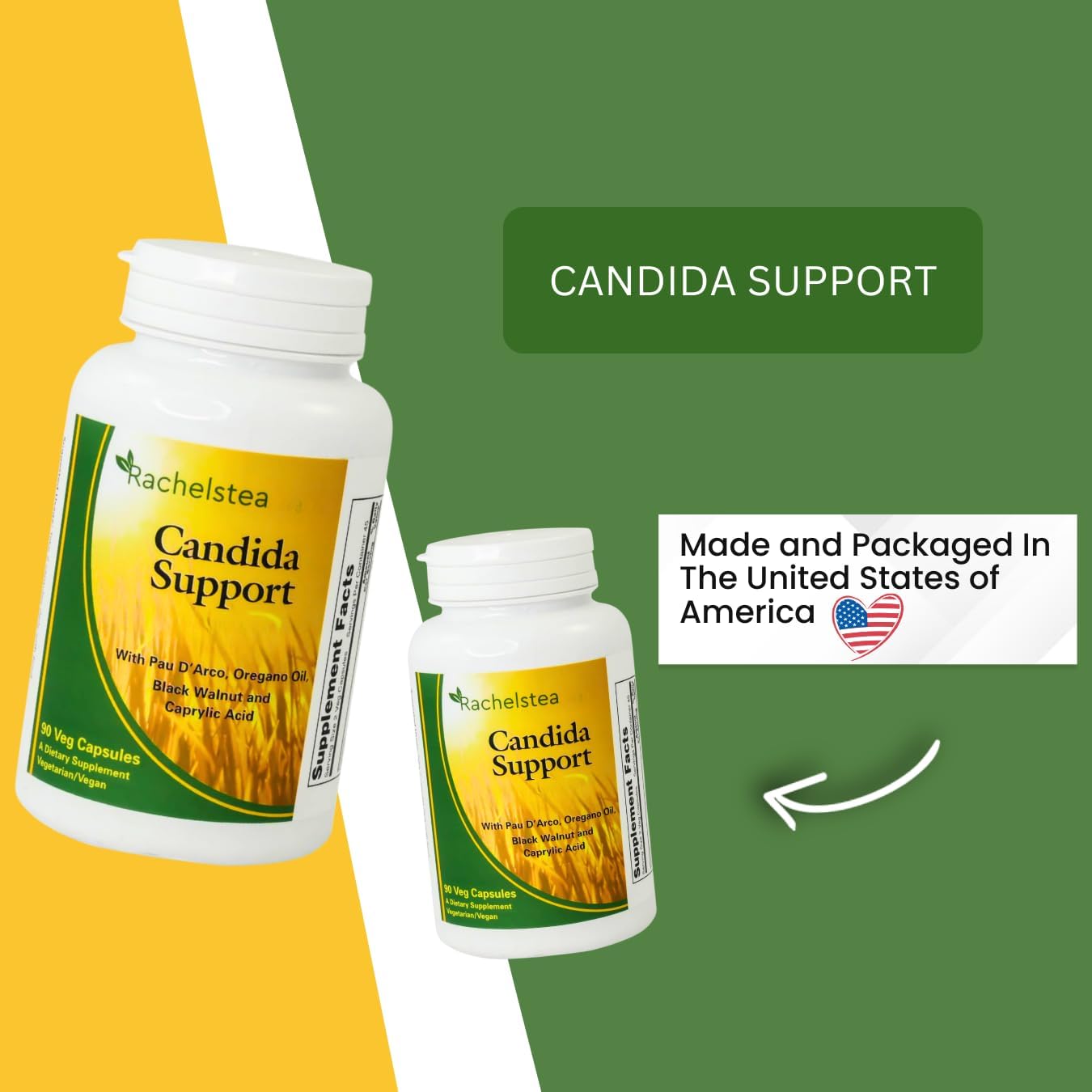 Candida Support Supplement with PAU D'Arco, Oregano Oil, Black Walnut, Caprylic Acid - 90 Vegetarian Capsules