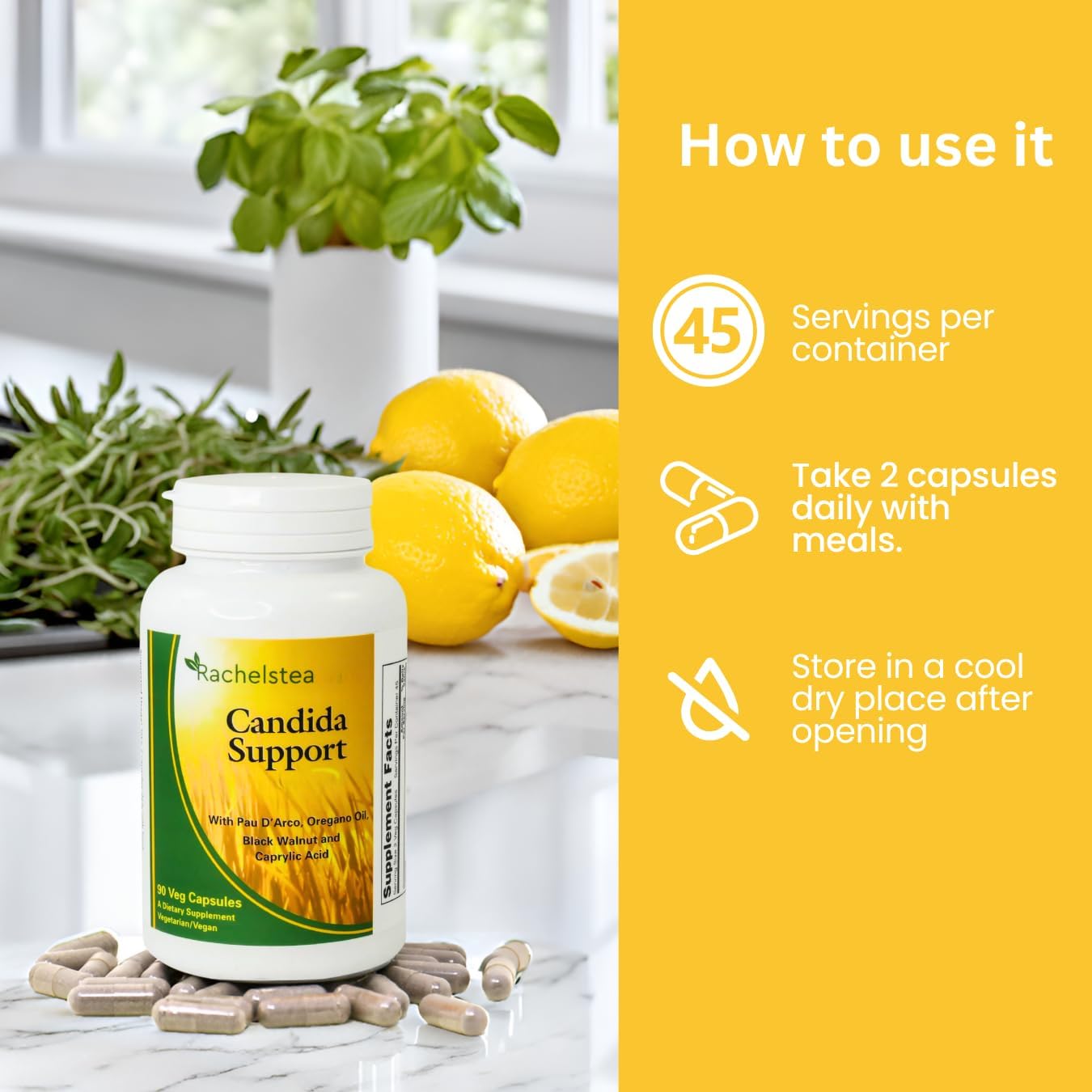 Candida Support Supplement with PAU D'Arco, Oregano Oil, Black Walnut, Caprylic Acid - 90 Vegetarian Capsules