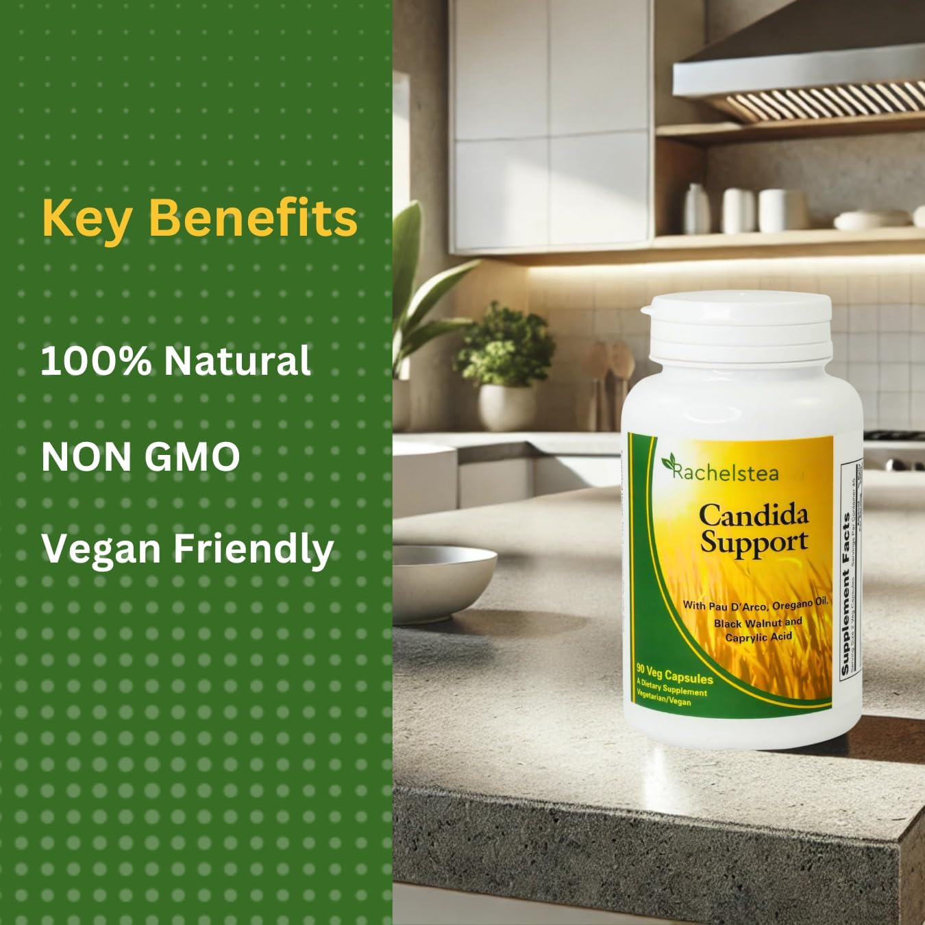 Candida Support Supplement with PAU D'Arco, Oregano Oil, Black Walnut, Caprylic Acid - 90 Vegetarian Capsules
