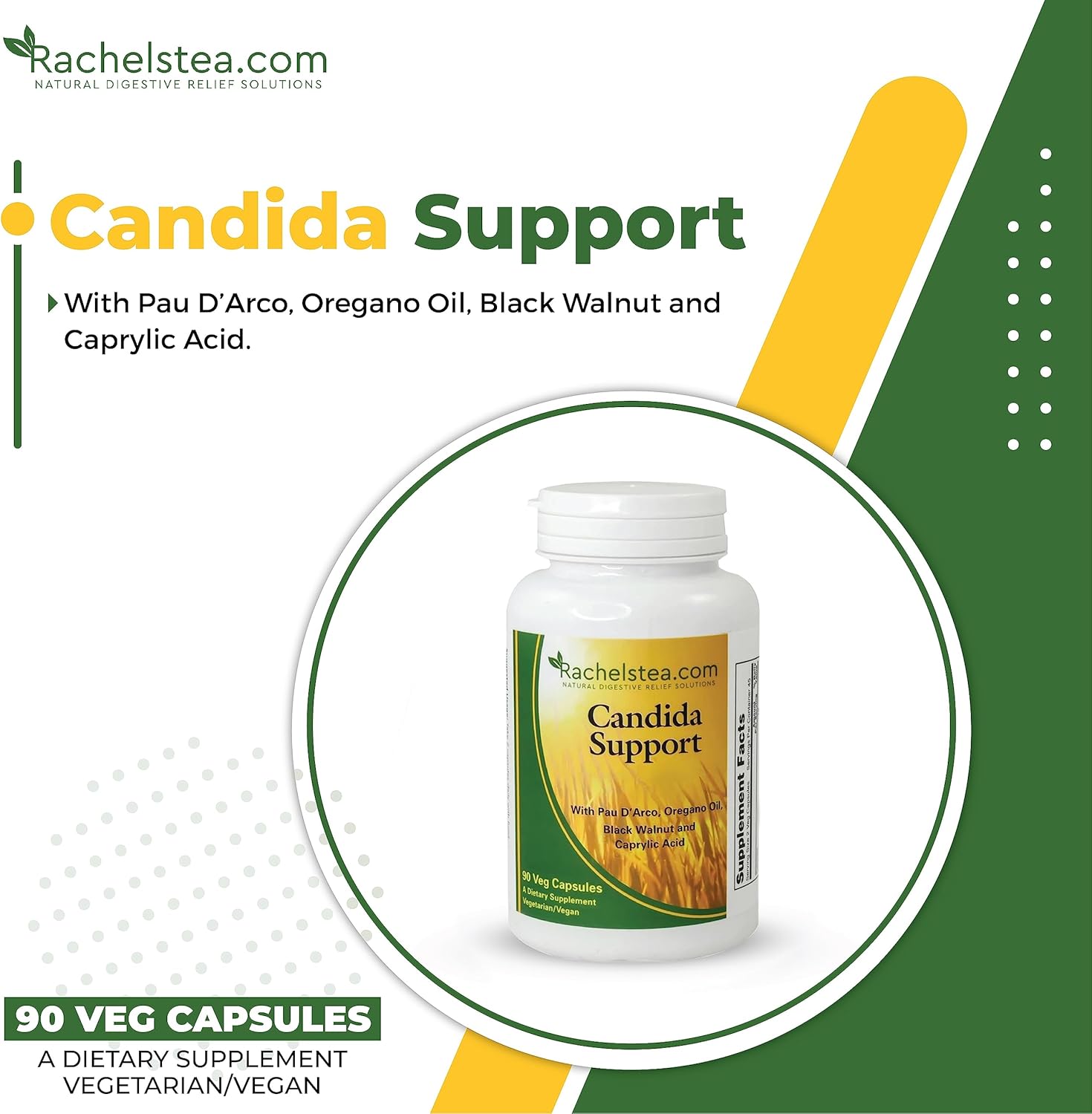 Candida Support Supplement with PAU D'Arco, Oregano Oil, Black Walnut, Caprylic Acid - 90 Vegetarian Capsules