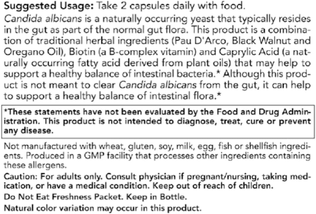 Candida Support Supplement with PAU D'Arco, Oregano Oil, Black Walnut, Caprylic Acid - 90 Vegetarian Capsules