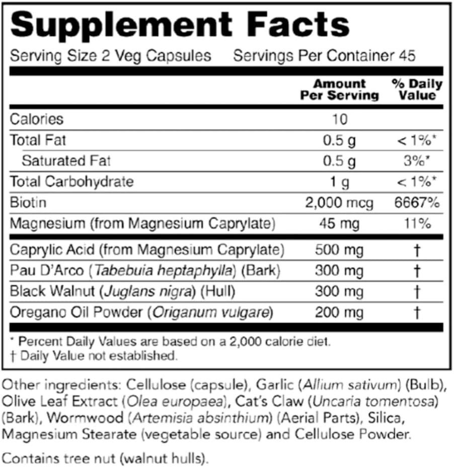 Candida Support Supplement with PAU D'Arco, Oregano Oil, Black Walnut, Caprylic Acid - 90 Vegetarian Capsules