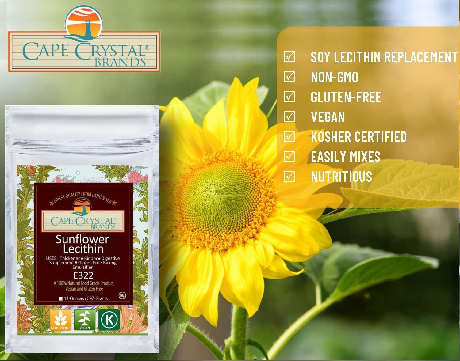 Cape Crystal Sunflower Lecithin Powder - 100% Natural & Gluten-Free (2 oz) - Vegan & Non-GMO Soy Alternative