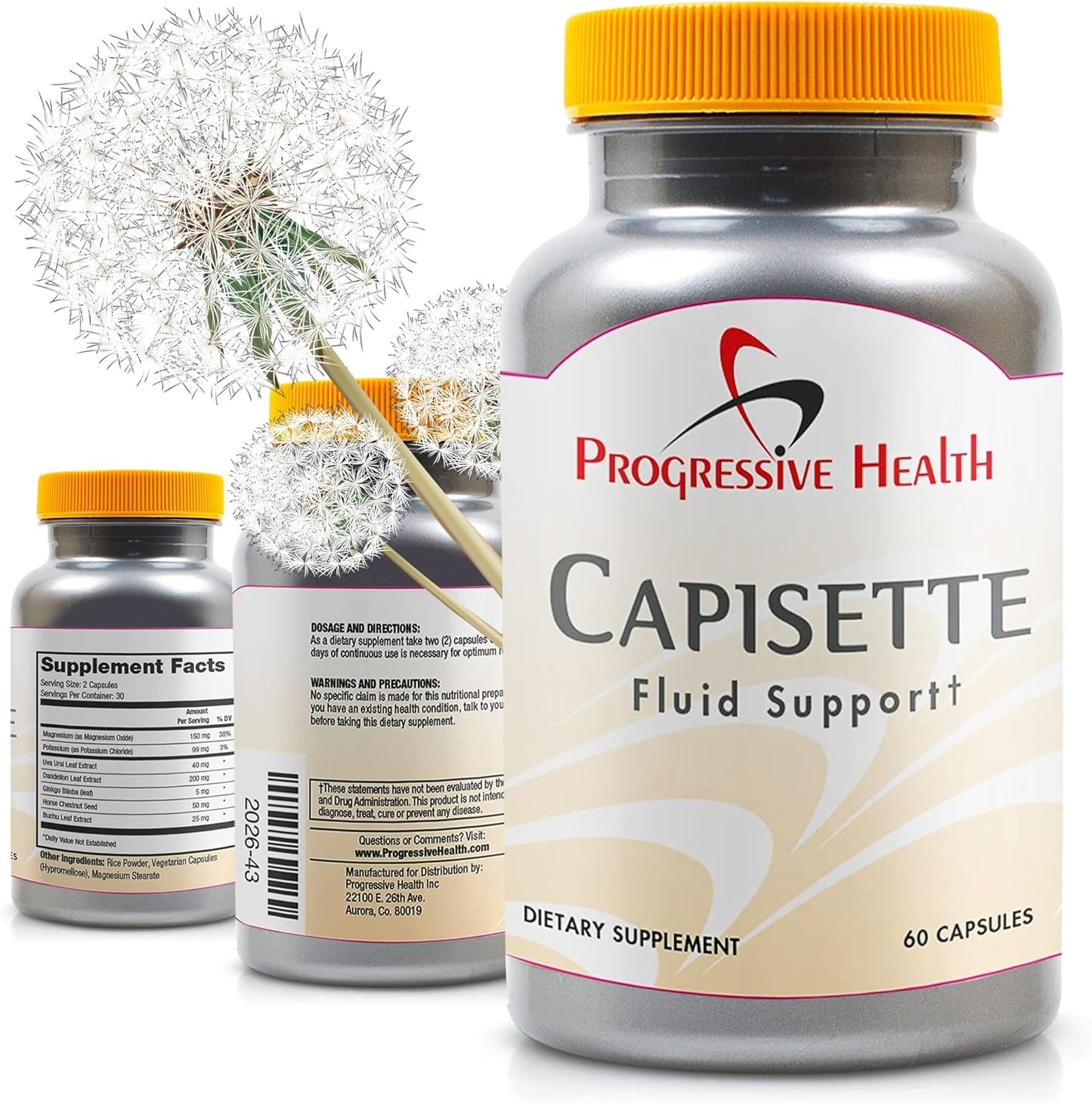 Capisette Water Retention Support Capsules - Reduce Swelling & Edema with Potassium, Dandelion Root - Progressive Health Dietary Supplement