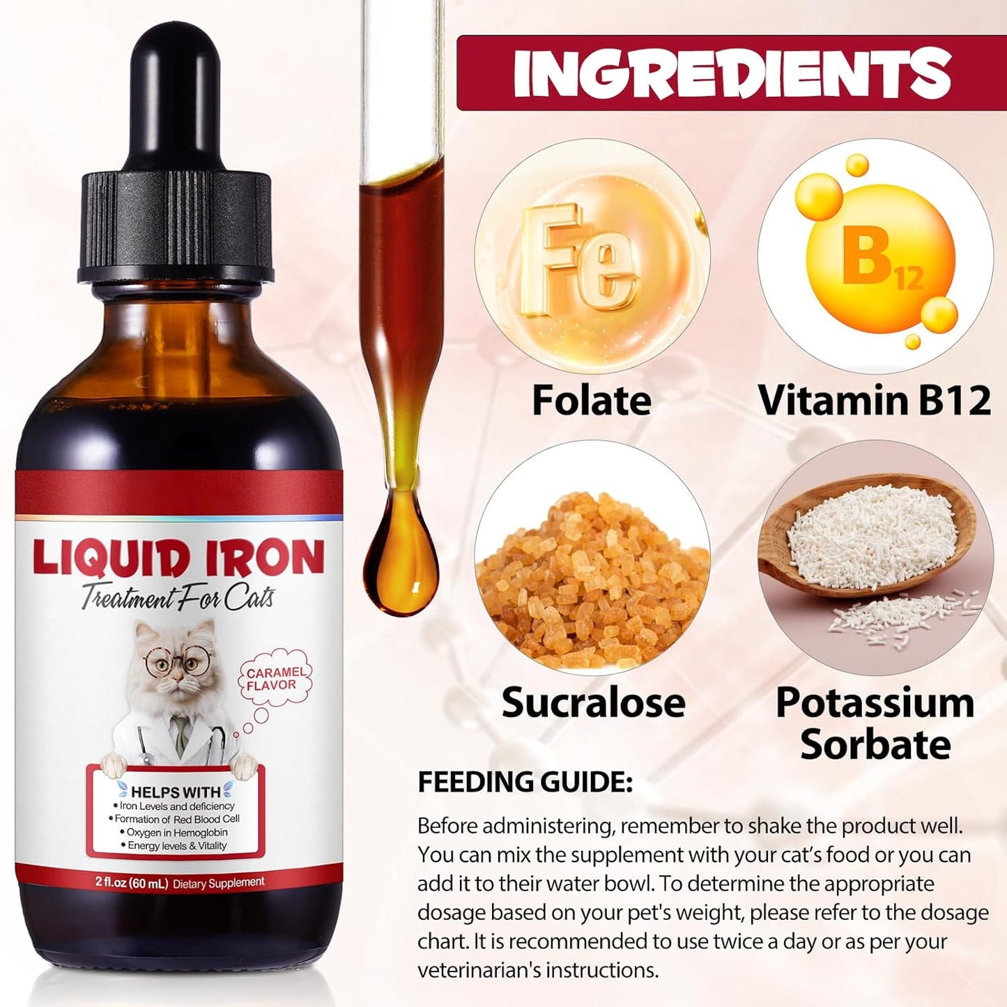 Caramel Flavored Liquid Iron Drops for Cats - Supports Anemia & Lethargy, Boost Energy Levels & Vitality - Cat Vitamin Supplement - 2 fl. oz.