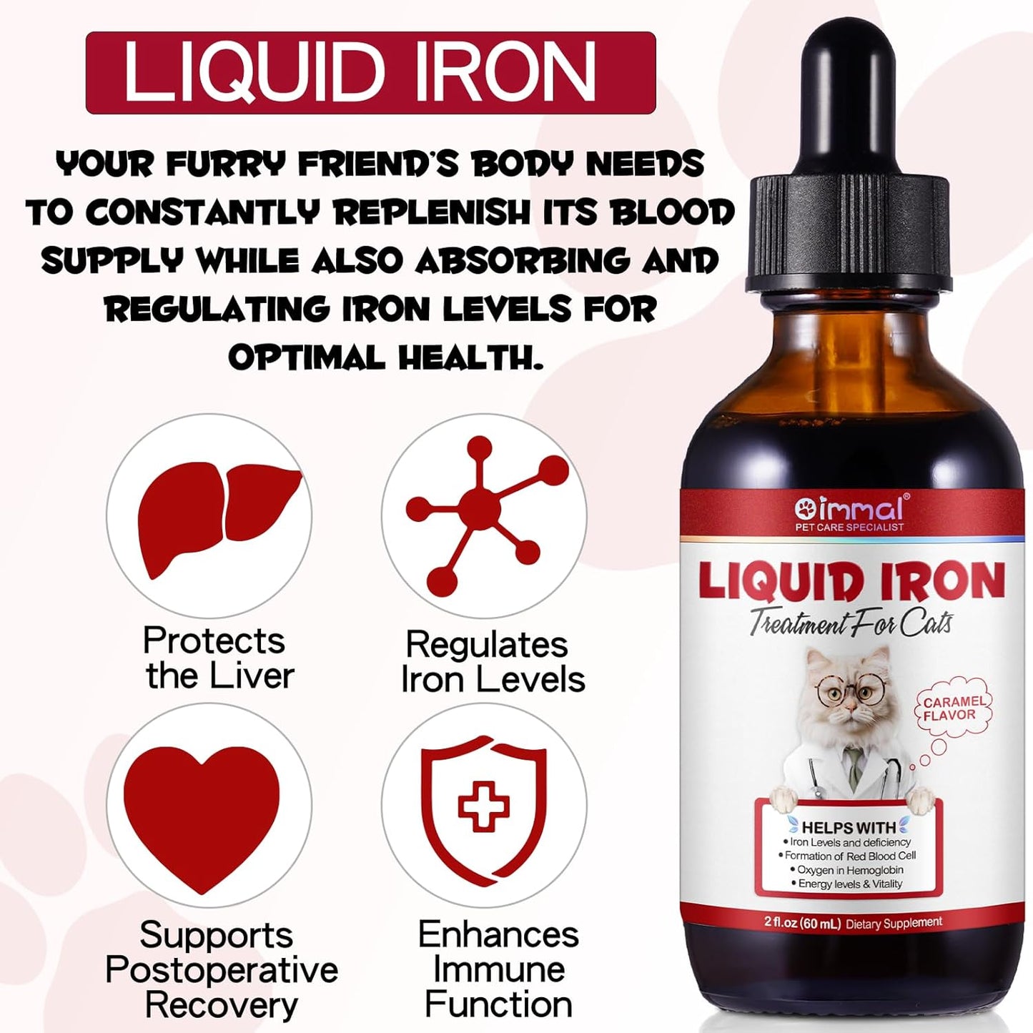 Caramel Flavored Liquid Iron Drops for Cats - Supports Anemia & Lethargy, Boost Energy Levels & Vitality - Cat Vitamin Supplement - 2 fl. oz.