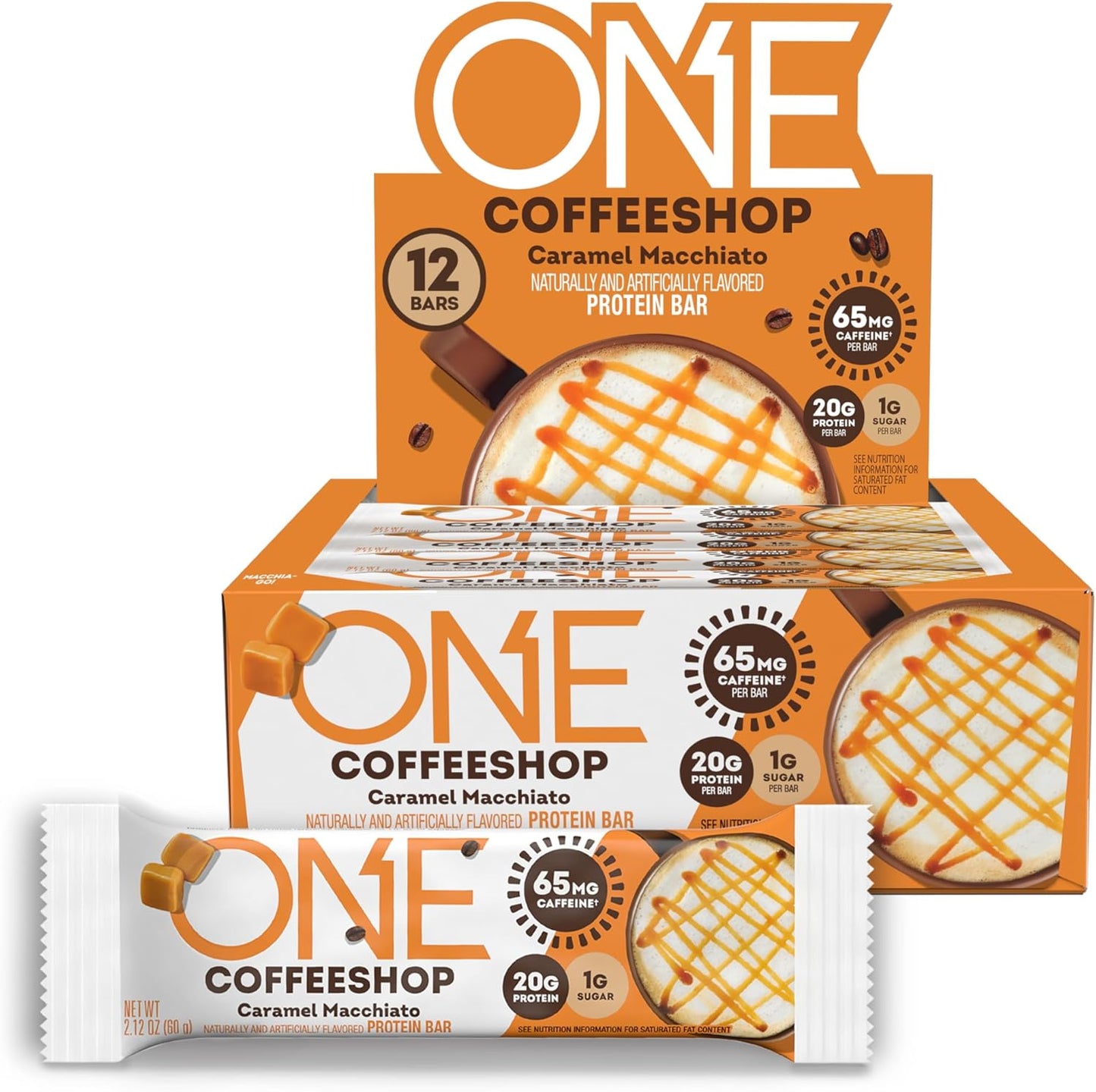 Caramel Macchiato Coffee Shop Protein Bars with Caffeine - Gluten Free, 20g Protein, Low Sugar, Guilt-Free Snack - 12 Count