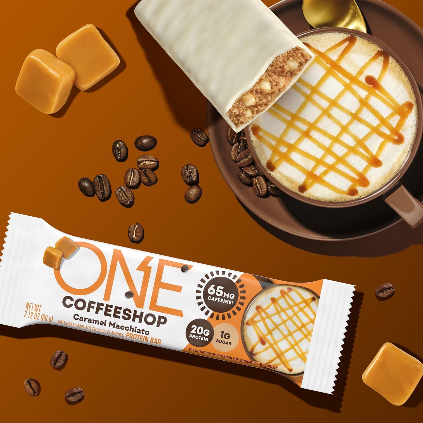 Caramel Macchiato Coffee Shop Protein Bars with Caffeine - Gluten Free, 20g Protein, Low Sugar, Guilt-Free Snack - 12 Count