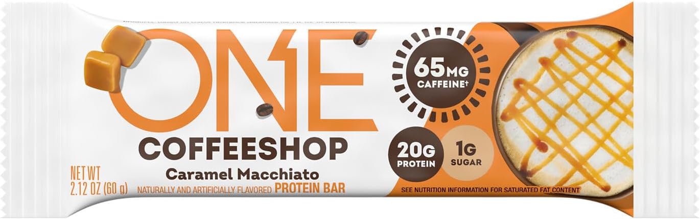 Caramel Macchiato Coffee Shop Protein Bars with Caffeine - Gluten Free, 20g Protein, Low Sugar, Guilt-Free Snack - 12 Count