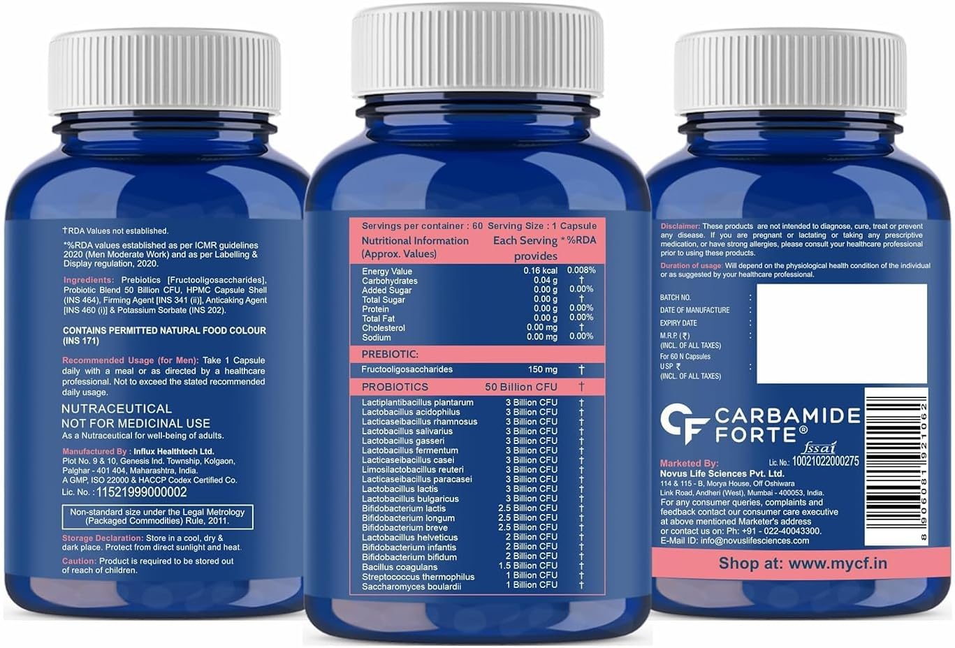 Carba.Mide Forte Probiotics Supplement - 60 Veg Capsules, 50 Billion CFU for Gut Health