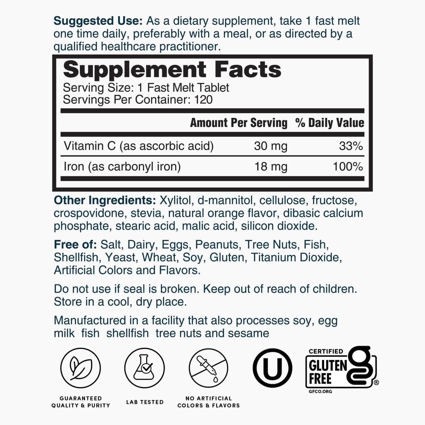 Carbonyl Iron Fast Melt Tablets with Vitamin C for Healthy Red Blood Cells - Gentle on Stomach, High Absorption - 120 Tablets