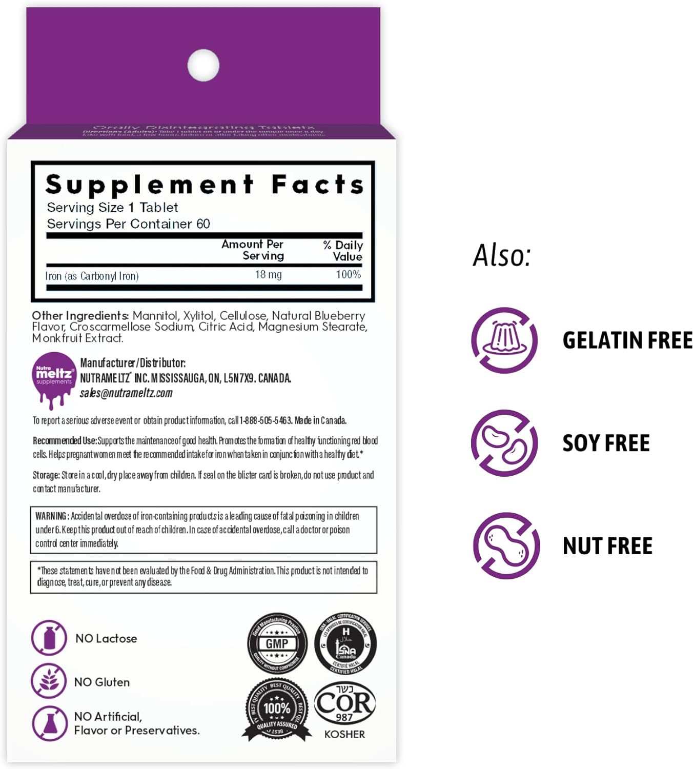 Carbonyl Iron Supplement 18mg Quick Dissolving Tablets - Boost Energy, Focus & Immunity - Blueberry Flavor - 60 Tablets