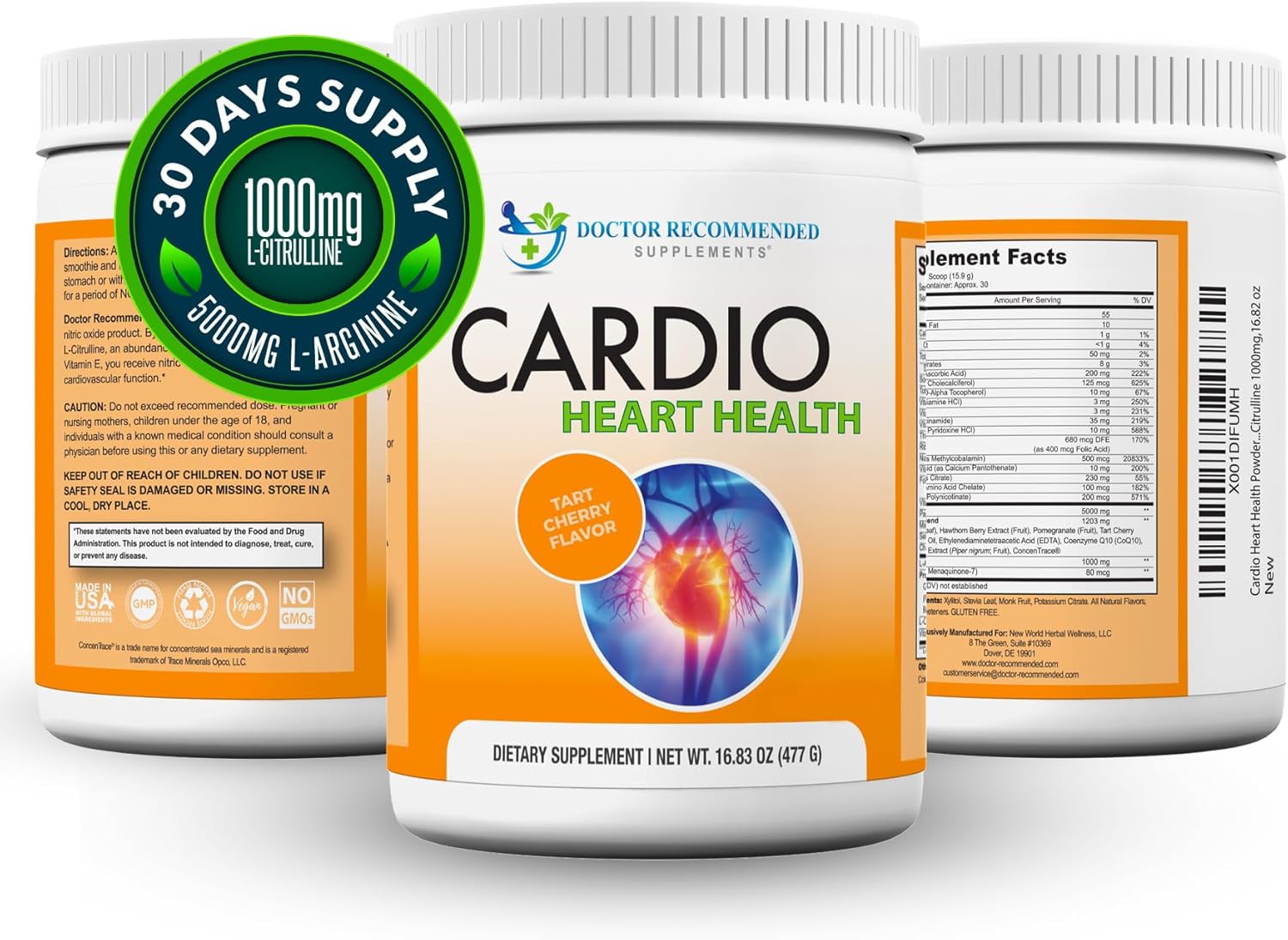 Cardio Heart Health Powder - Doctor Recommended L-Arginine & L-Citrulline Supplement, 16.82 oz