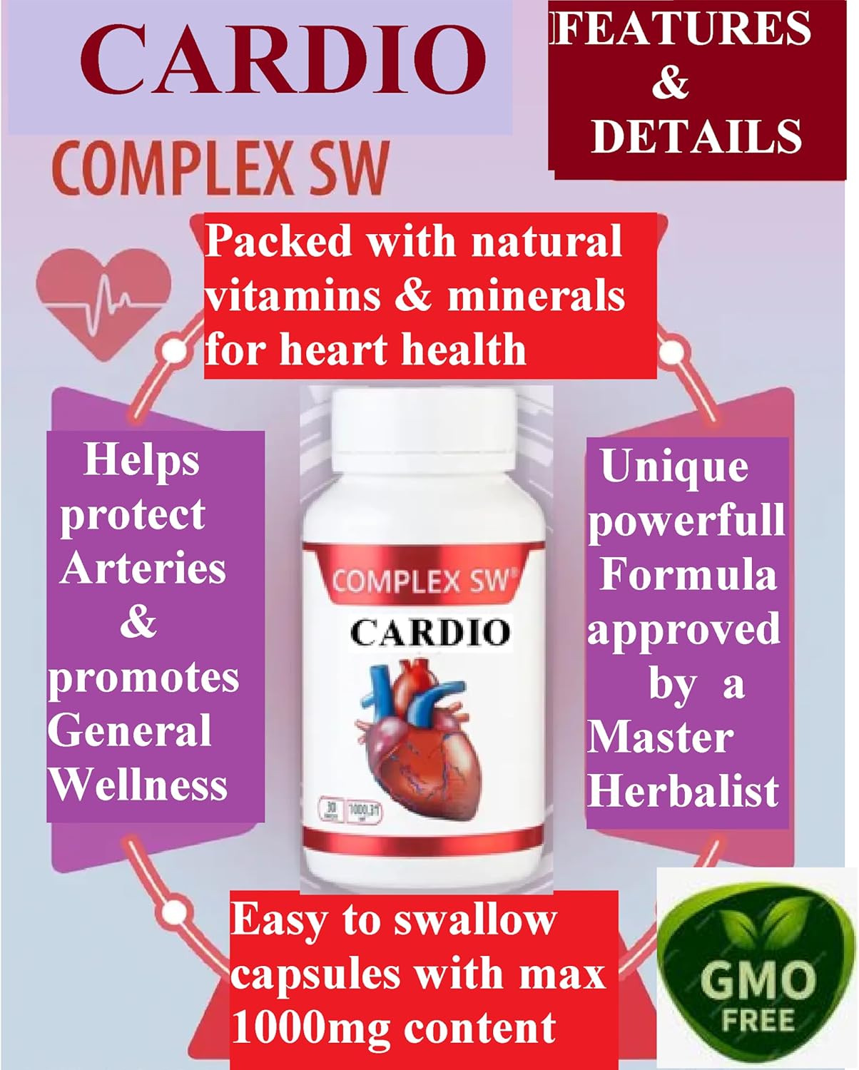 Cardio Heart Health Supplements for Healthy Blood Circulation & Blood Pressure Support - 30 Capsules with Essential Minerals