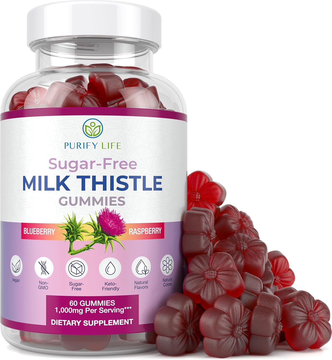 Cardo Mariano Vegan Liver Cleanse Gummies with Milk Thistle Extract (1000mg/serv) - Sugar-Free Detox & Antioxidant Support, Cell Repair Supplement