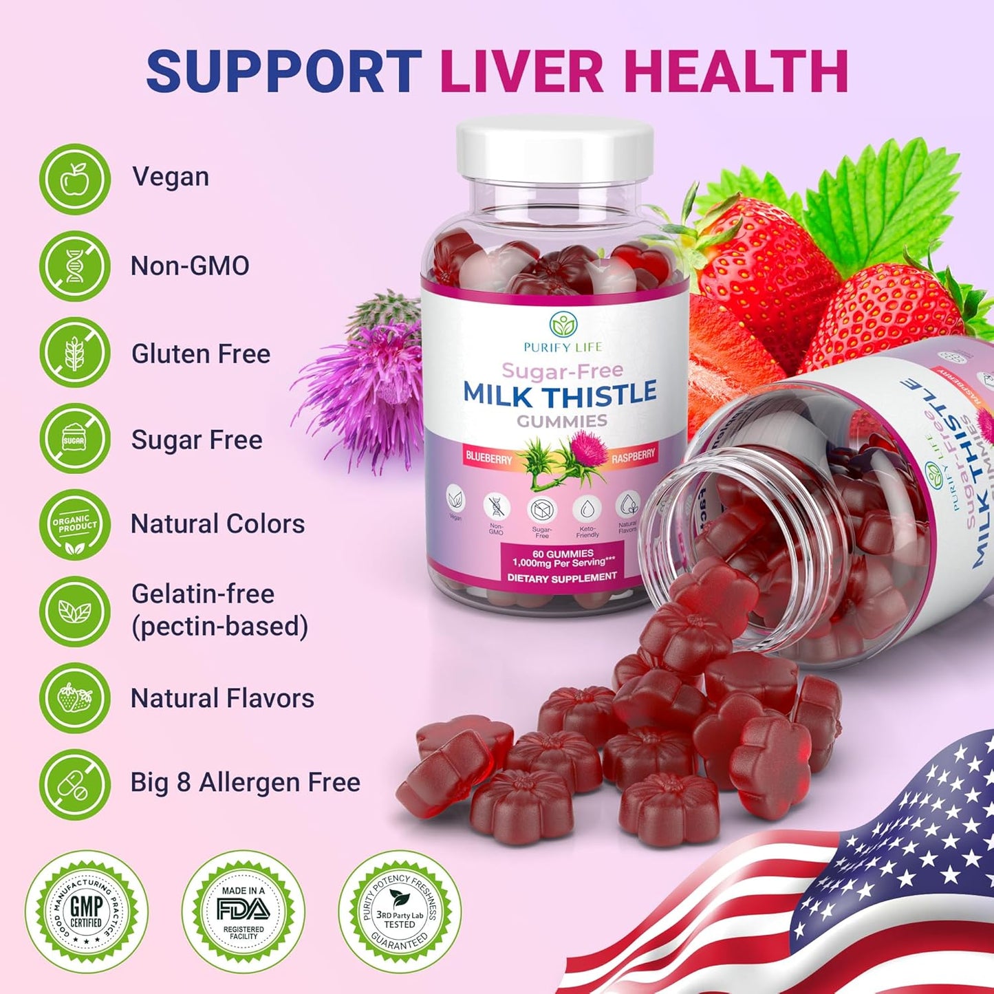 Cardo Mariano Vegan Liver Cleanse Gummies with Milk Thistle Extract (1000mg/serv) - Sugar-Free Detox & Antioxidant Support, Cell Repair Supplement