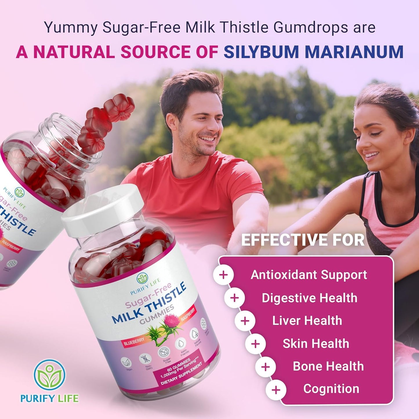 Cardo Mariano Vegan Liver Cleanse Gummies with Milk Thistle Extract (1000mg/serv) - Sugar-Free Detox & Antioxidant Support, Cell Repair Supplement