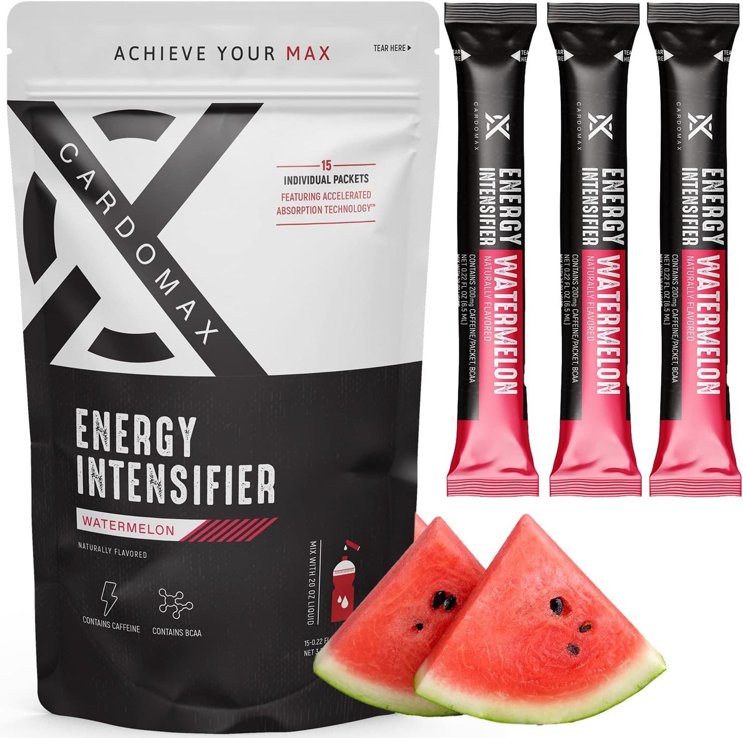 CardoMax Clear Liquid Mix - Pre-Workout Supplement with Caffeine, BCAA, & 100% Vitamin B3, 6&12 - Watermelon Flavor, Keto & Vegan Friendly - 15 Count