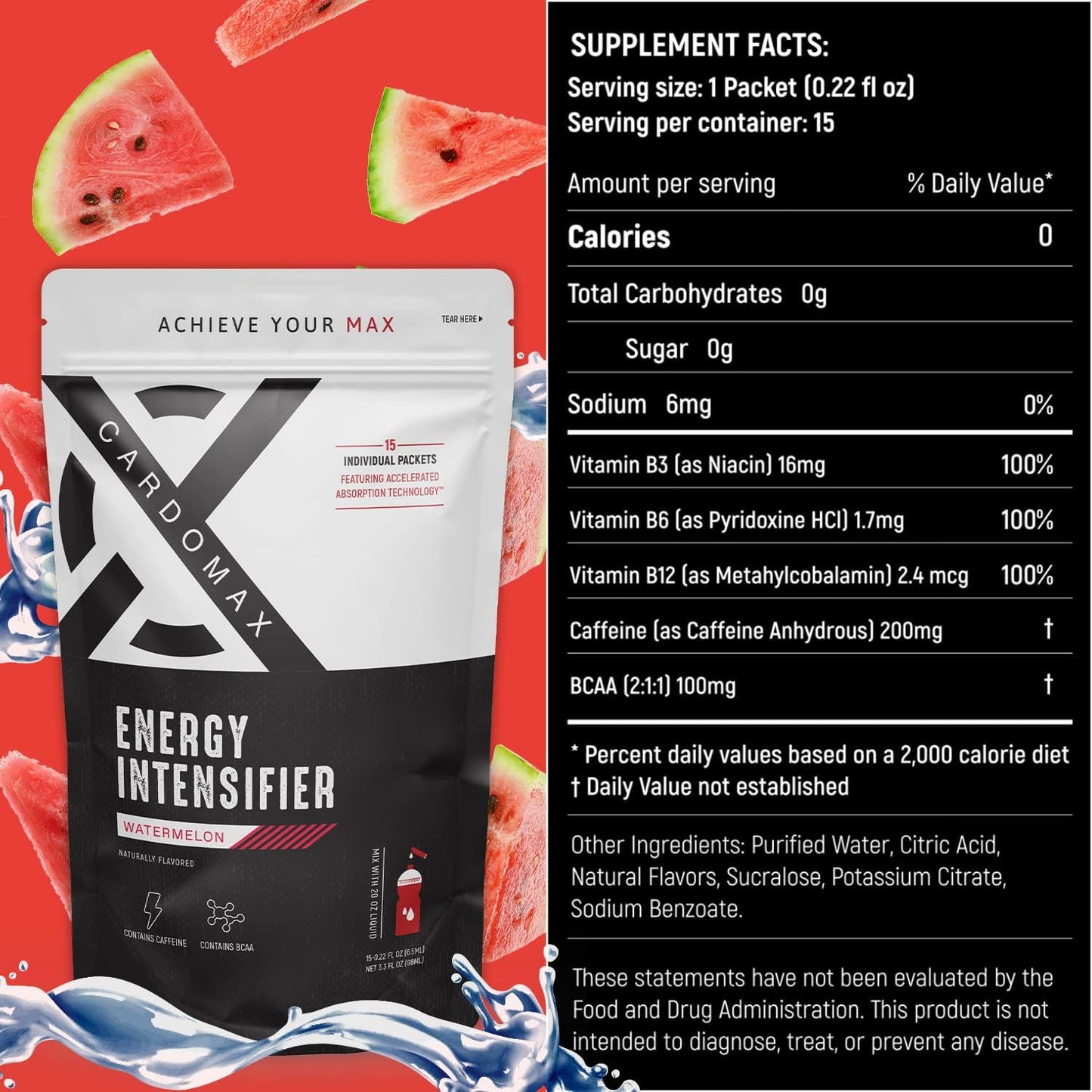 CardoMax Clear Liquid Mix - Pre-Workout Supplement with Caffeine, BCAA, & 100% Vitamin B3, 6&12 - Watermelon Flavor, Keto & Vegan Friendly - 15 Count