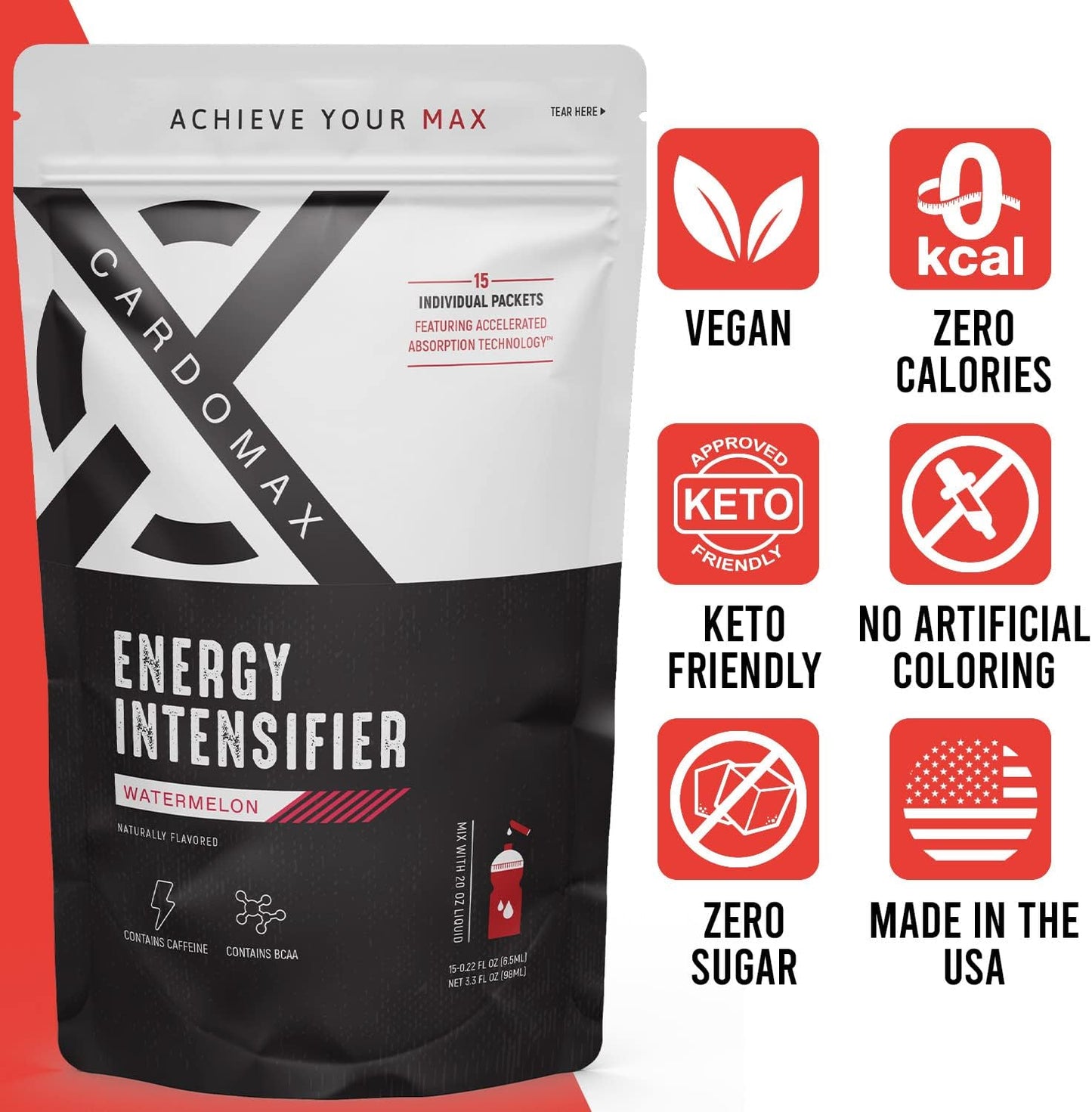 CardoMax Clear Liquid Mix - Pre-Workout Supplement with Caffeine, BCAA, & 100% Vitamin B3, 6&12 - Watermelon Flavor, Keto & Vegan Friendly - 15 Count