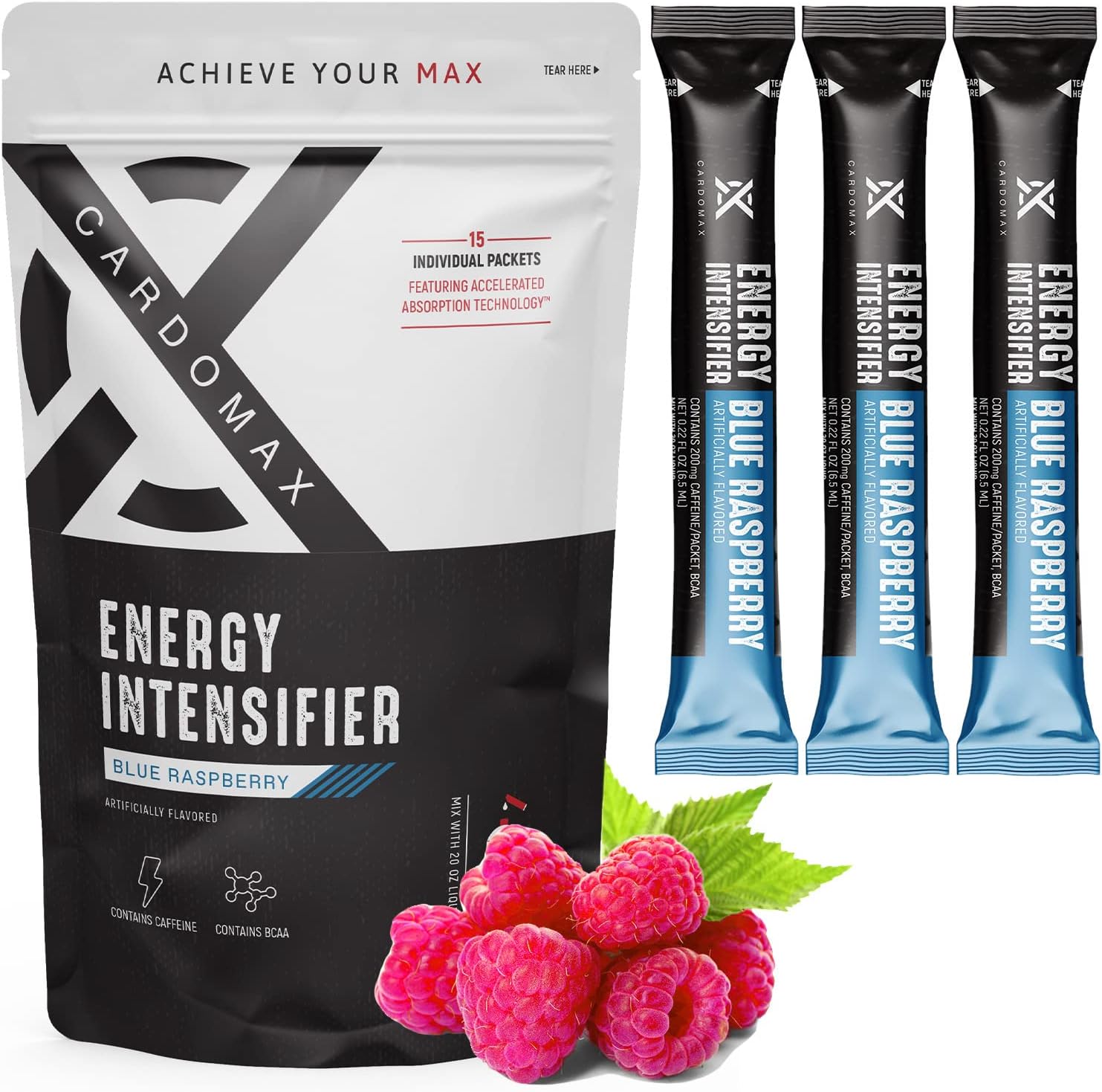 CardoMax Energy Intensifier - Blue Raspberry Liquid Energy Boost with 200mg Caffeine, BCAA, Vitamin B12, B6, B3 - Keto, Vegan, Sugar-Free, No Calories