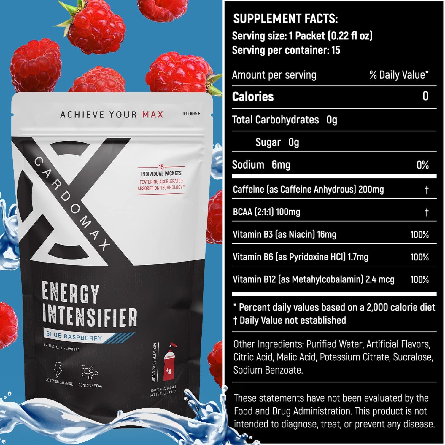 CardoMax Energy Intensifier - Blue Raspberry Liquid Energy Boost with 200mg Caffeine, BCAA, Vitamin B12, B6, B3 - Keto, Vegan, Sugar-Free, No Calories