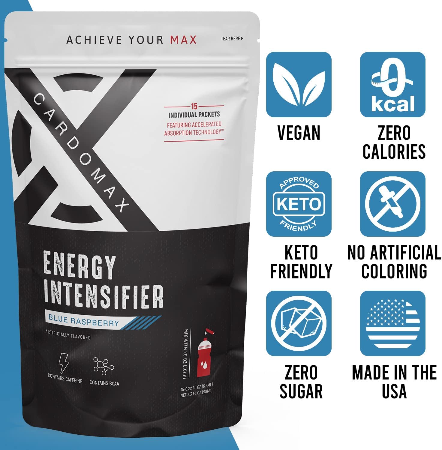 CardoMax Energy Intensifier - Blue Raspberry Liquid Energy Boost with 200mg Caffeine, BCAA, Vitamin B12, B6, B3 - Keto, Vegan, Sugar-Free, No Calories