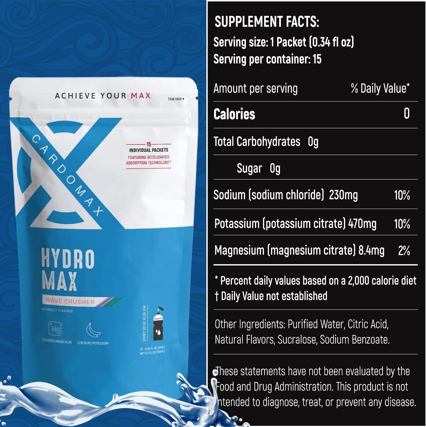 CardoMax Hydromax Wavecrusher Flavor Drink Mix - Watermelon & Passion Fruit, 15 Liquid Electrolyte Packets for Rapid Rehydration, Zero Sugar & Keto/Vegan-Friendly