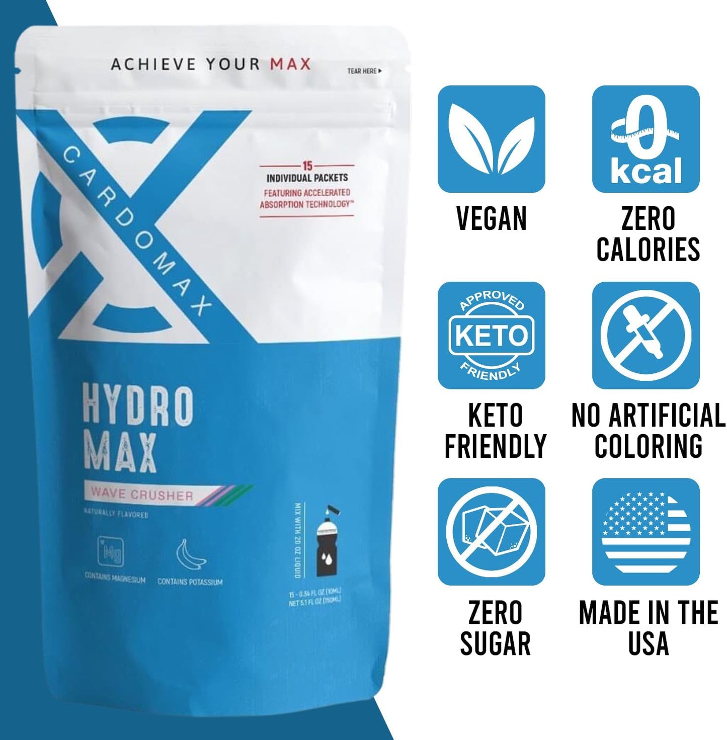 CardoMax Hydromax Wavecrusher Flavor Drink Mix - Watermelon & Passion Fruit, 15 Liquid Electrolyte Packets for Rapid Rehydration, Zero Sugar & Keto/Vegan-Friendly