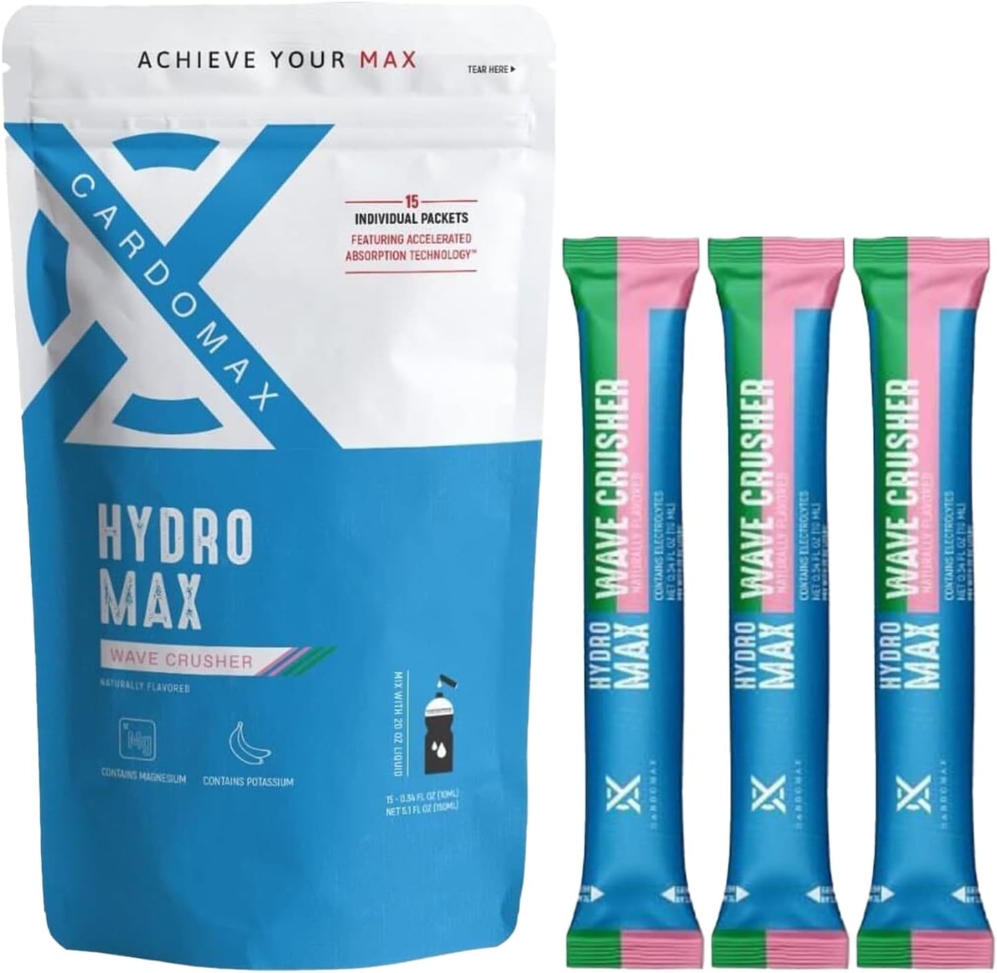 CardoMax Hydromax Wavecrusher Flavor Drink Mix - Watermelon & Passion Fruit, 15 Liquid Electrolyte Packets for Rapid Rehydration, Zero Sugar & Keto/Vegan-Friendly