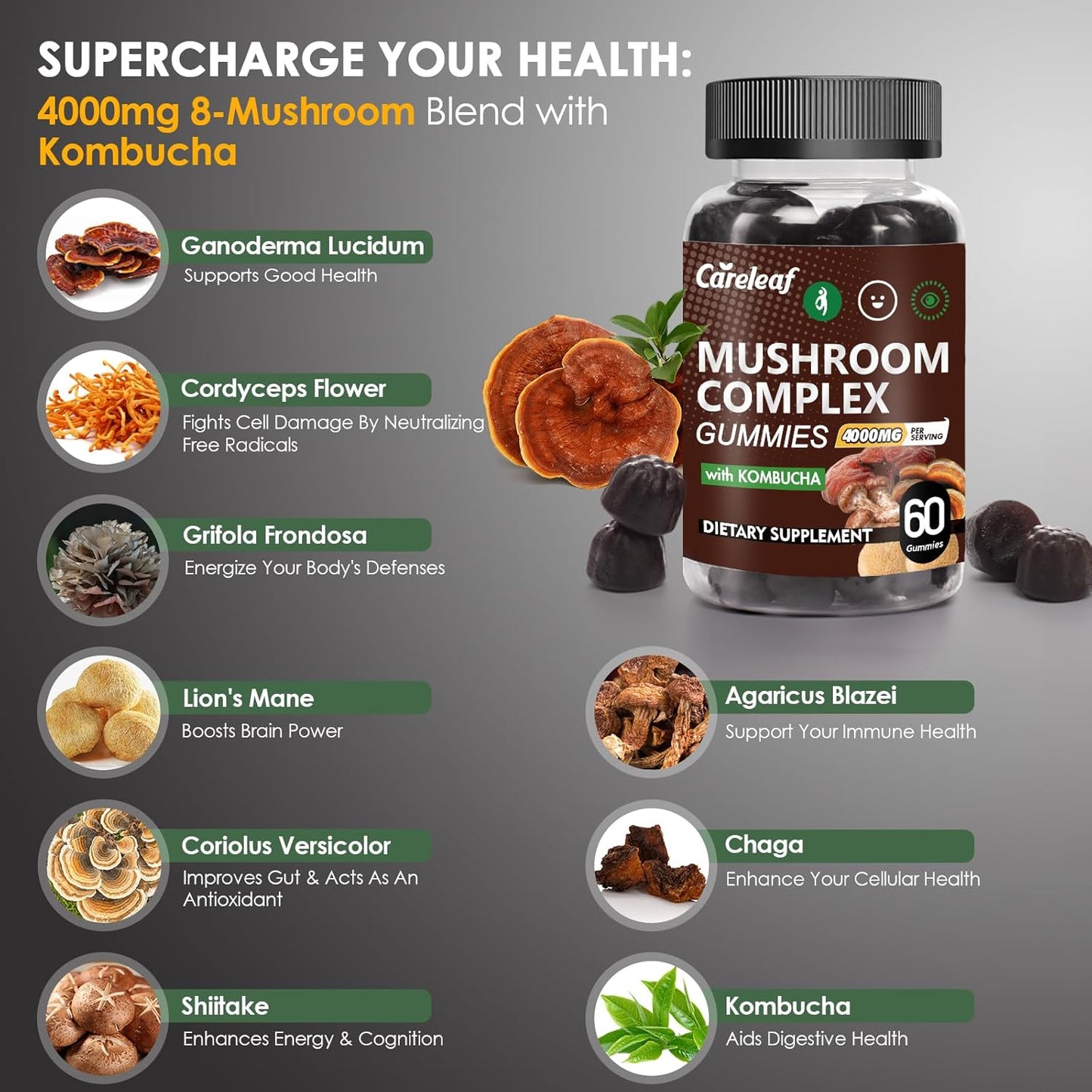 Careleaf Lion's Mane Mushroom Gummies - 9-in-1 Focus & Energy Supplement for Immune Support - 60 Count Boost Mood & Energy - Kombucha Flavor