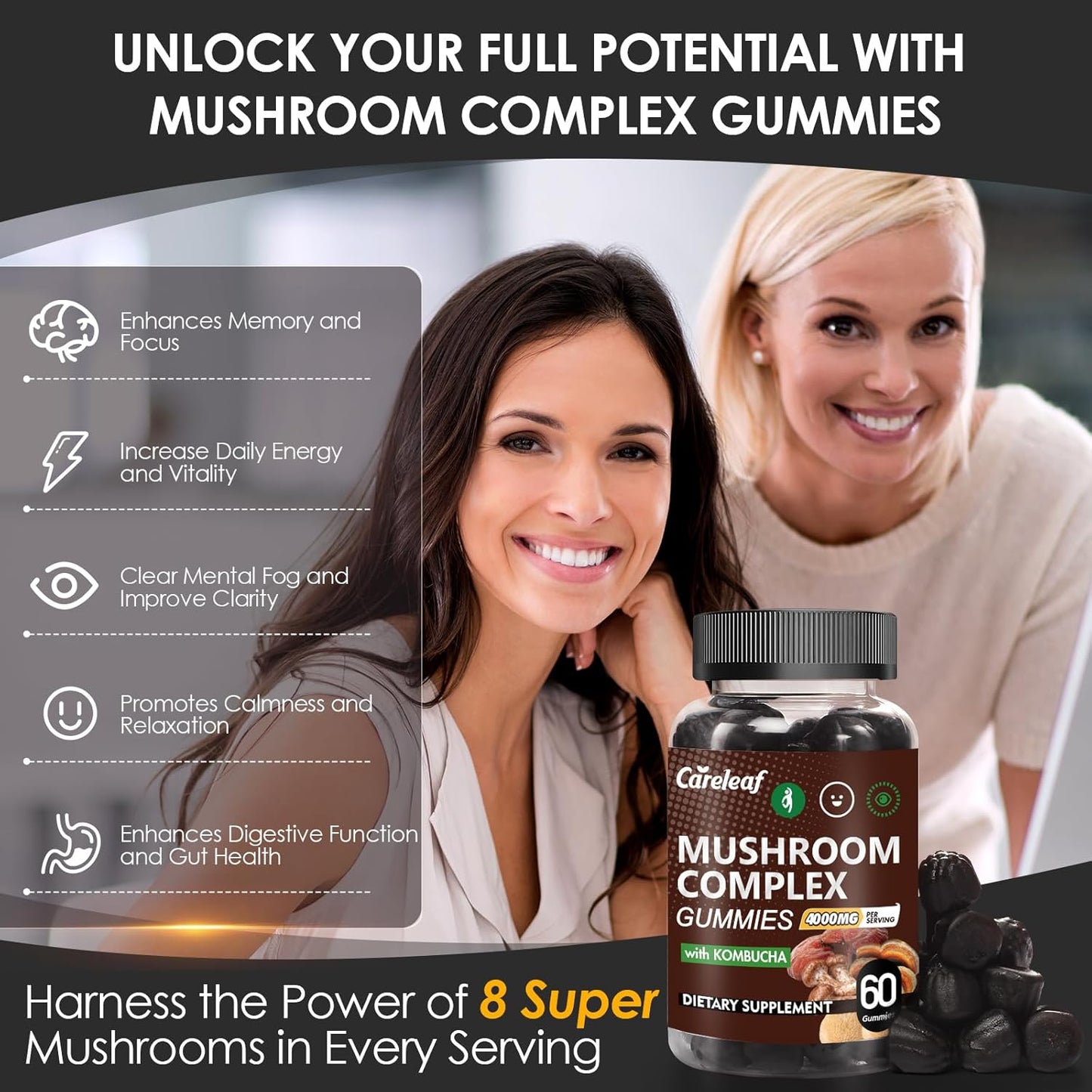 Careleaf Lion's Mane Mushroom Gummies - 9-in-1 Focus & Energy Supplement for Immune Support - 60 Count Boost Mood & Energy - Kombucha Flavor