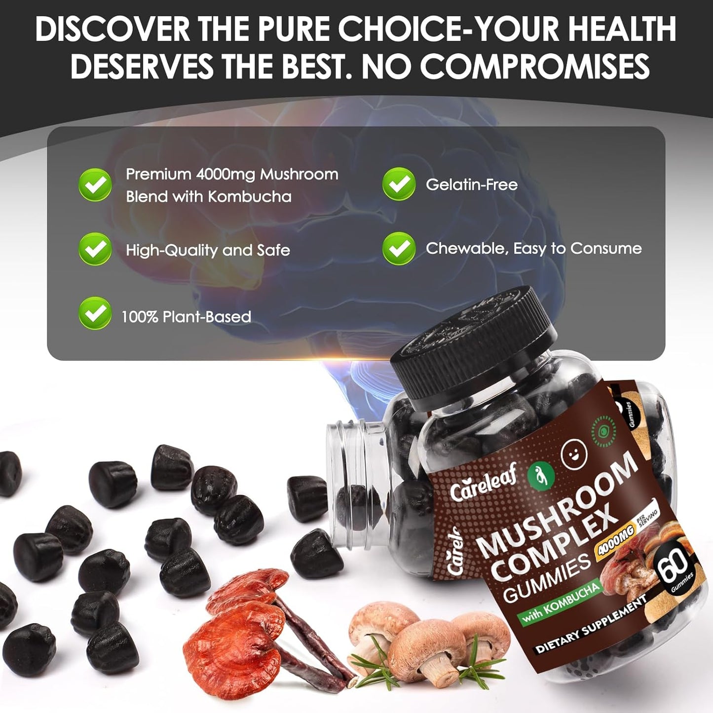 Careleaf Lion's Mane Mushroom Gummies - 9-in-1 Focus & Energy Supplement for Immune Support - 60 Count Boost Mood & Energy - Kombucha Flavor
