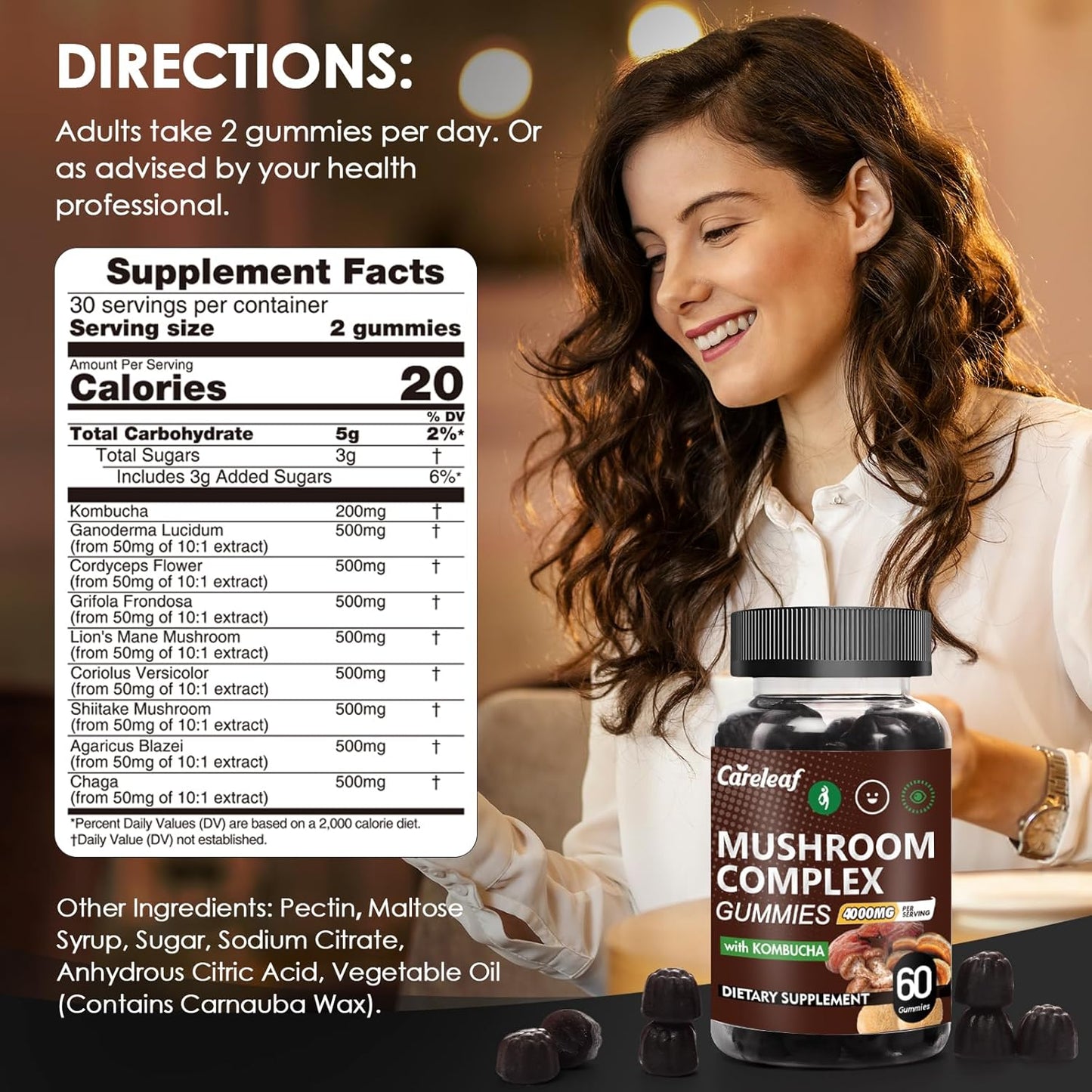 Careleaf Lion's Mane Mushroom Gummies - 9-in-1 Focus & Energy Supplement for Immune Support - 60 Count Boost Mood & Energy - Kombucha Flavor