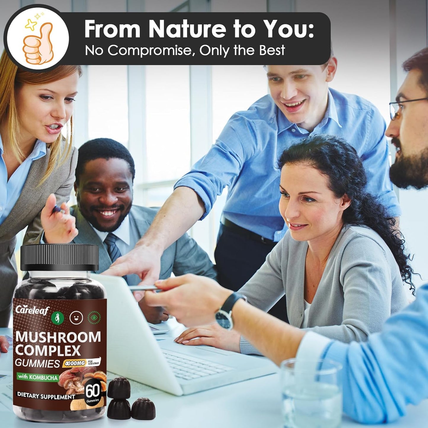 Careleaf Lion's Mane Mushroom Gummies - 9-in-1 Focus & Energy Supplement for Immune Support - 60 Count Boost Mood & Energy - Kombucha Flavor