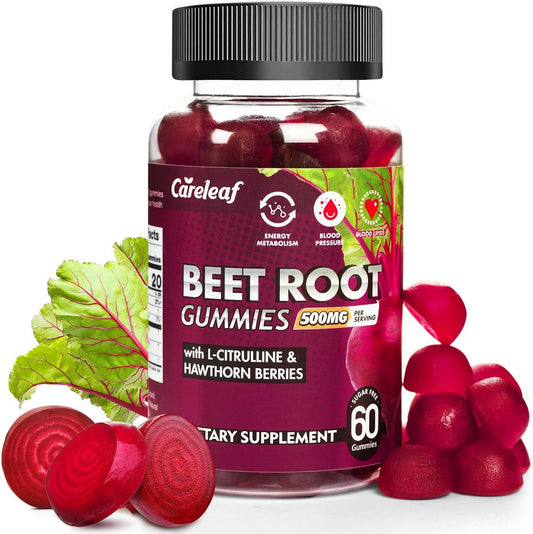 careleaf Sugar Free Vegan Beet Root Gummies with L-Citrulline and Hawthorn Extract for Blood Pressure Support - Peach Flavor, 60 Count