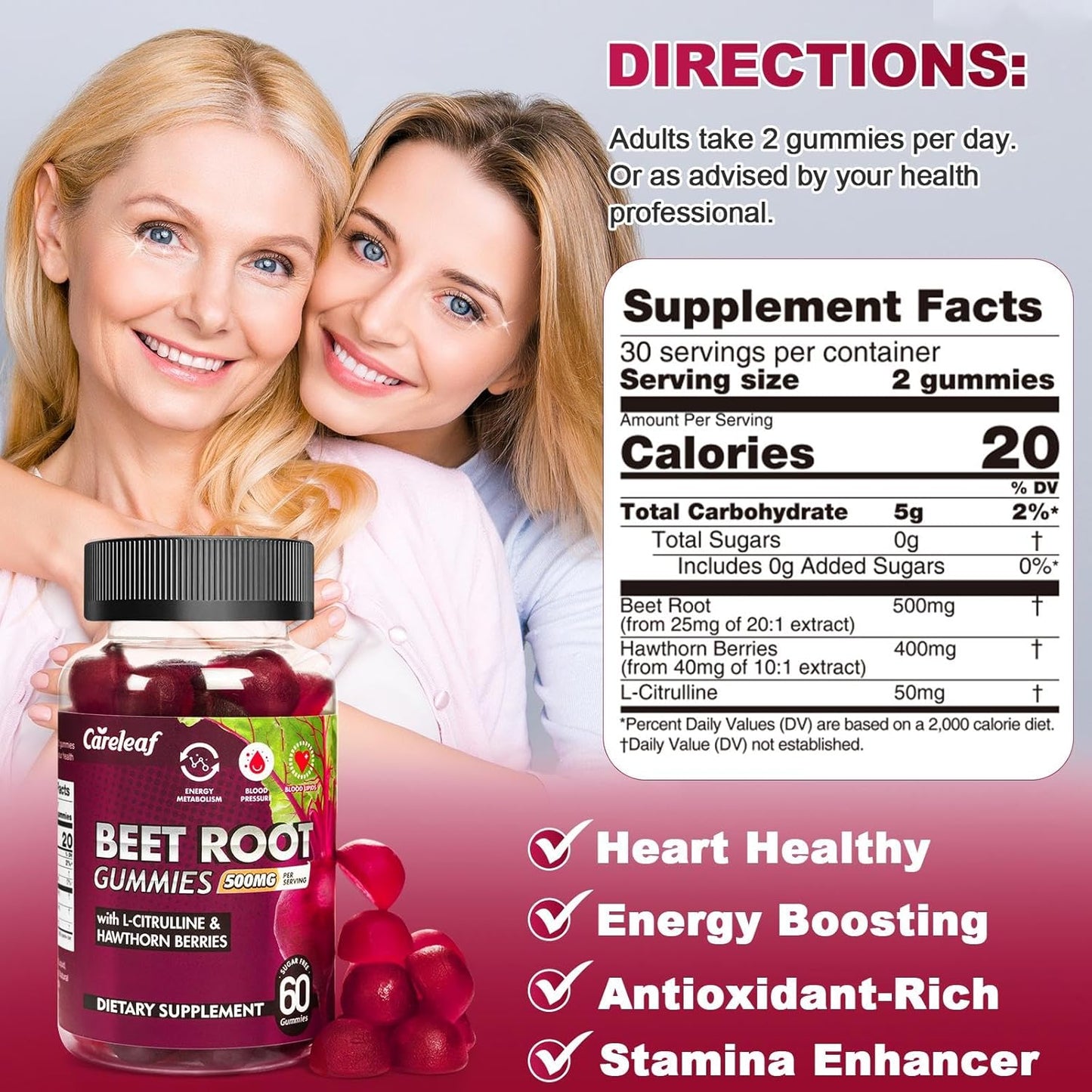 careleaf Sugar Free Vegan Beet Root Gummies with L-Citrulline and Hawthorn Extract for Blood Pressure Support - Peach Flavor, 60 Count