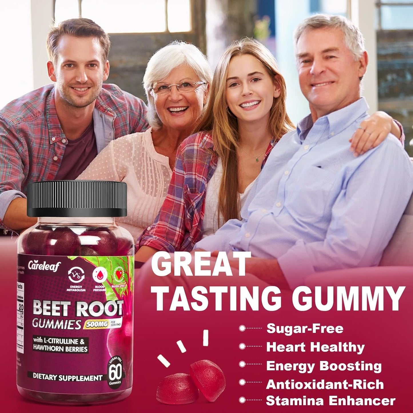 careleaf Sugar Free Vegan Beet Root Gummies with L-Citrulline and Hawthorn Extract for Blood Pressure Support - Peach Flavor, 60 Count