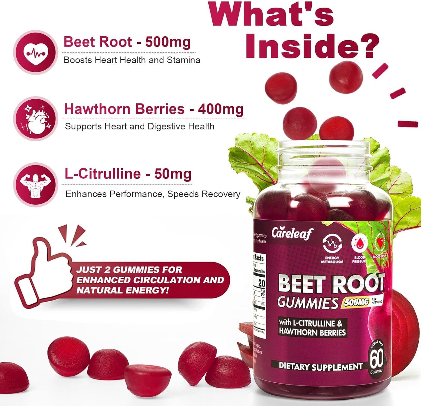 careleaf Sugar Free Vegan Beet Root Gummies with L-Citrulline and Hawthorn Extract for Blood Pressure Support - Peach Flavor, 60 Count