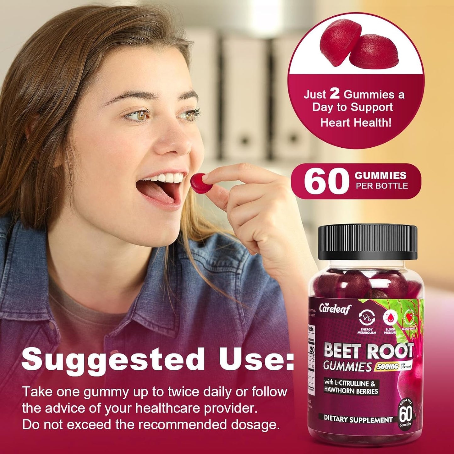 careleaf Sugar Free Vegan Beet Root Gummies with L-Citrulline and Hawthorn Extract for Blood Pressure Support - Peach Flavor, 60 Count
