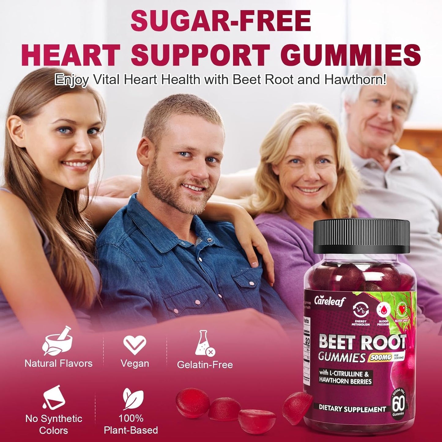 careleaf Sugar Free Vegan Beet Root Gummies with L-Citrulline and Hawthorn Extract for Blood Pressure Support - Peach Flavor, 60 Count