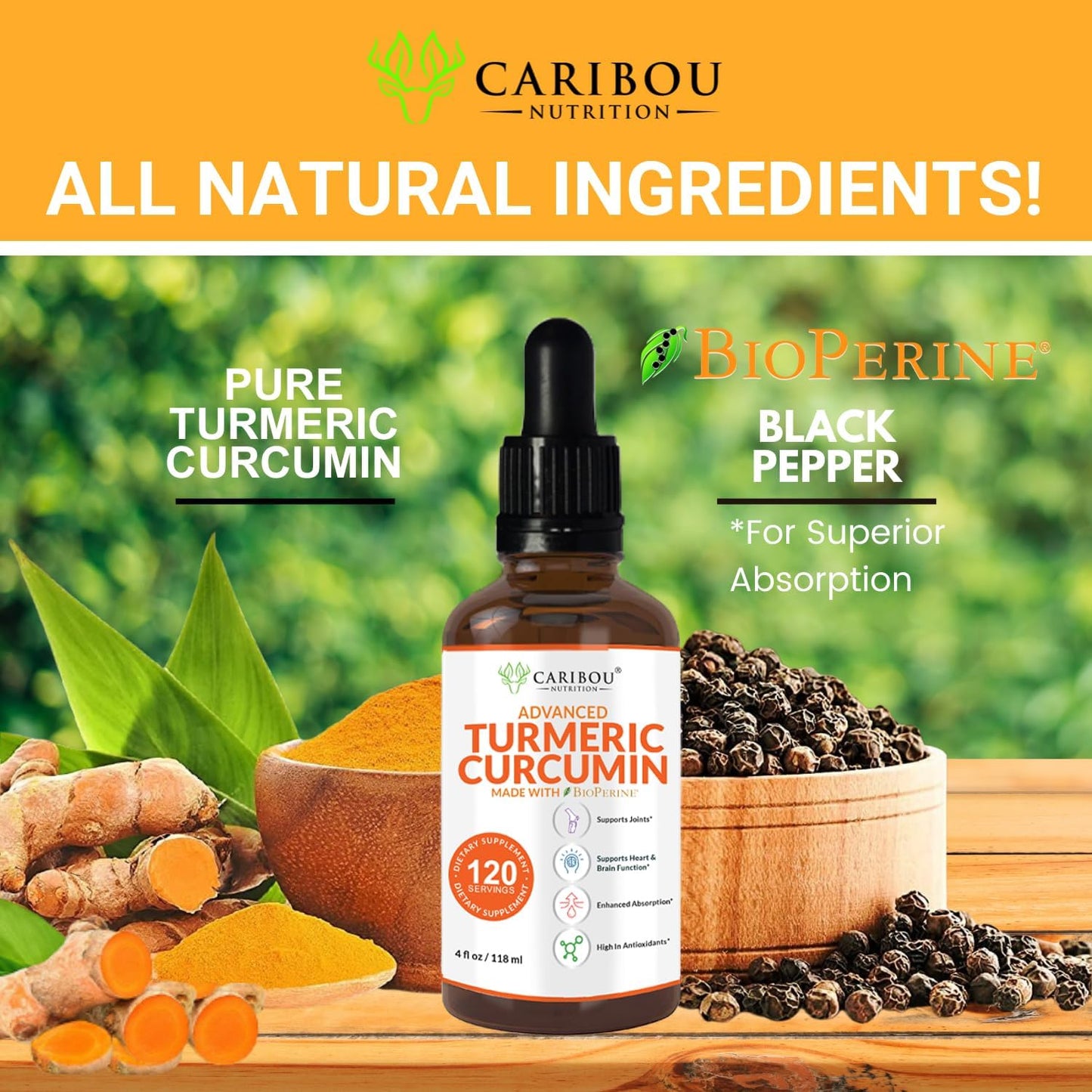 Caribou Nutrition Turmeric Curcumin Liquid Supplement with Bioperine and Black Pepper for Joint Support - 2 Month Supply - 4oz