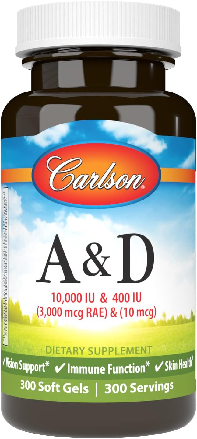 Carlson A & D 10000 IU Vitamin A 400 IU Vitamin D3 Soft Gels for Vision & Skin Health